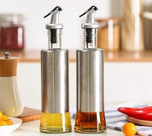 Oil Dispenser Bottle Cooking Oil & Vinegar Cruet For Kitchen And 350 ML Steel (Silver)